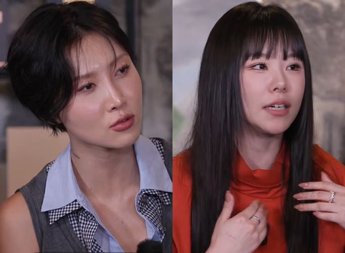 그룹 마마무 화사(사진 왼쪽)와 휘인(오른쪽)이 만취한 상태에서 몸싸움을 벌인 적이 있다고 고백했다. /사진=유튜브 채널 '짠한형 신동엽' 영상