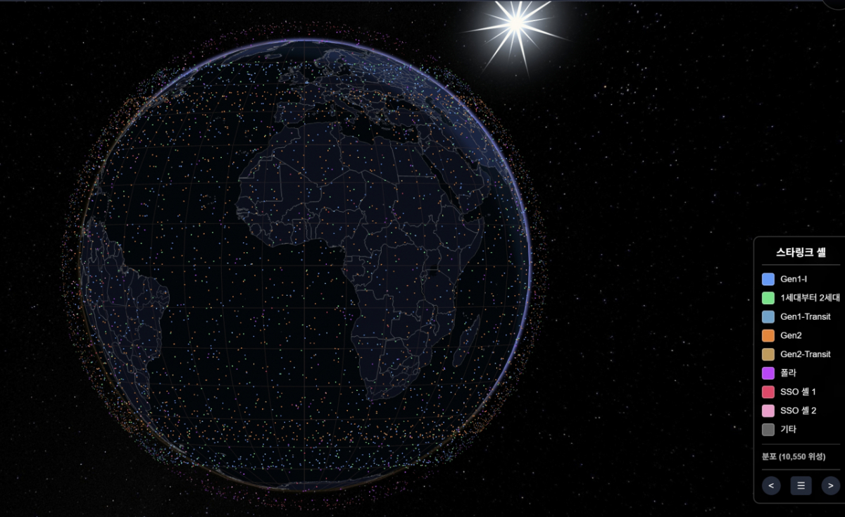 스페이스엑스의 스타링크 위성 분포도./사진= satellitemap.space 캡처