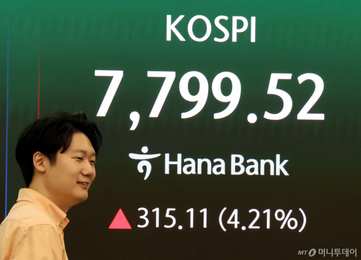 9일 오전 서울 중구 하나은행 딜링룸에서 딜러들이 업무를 하고 있다. 코스피는 전 거래일(7484.41)보다 213.35포인트(2.85%) 오른 7697.76에 개장했다. /사진=뉴시스