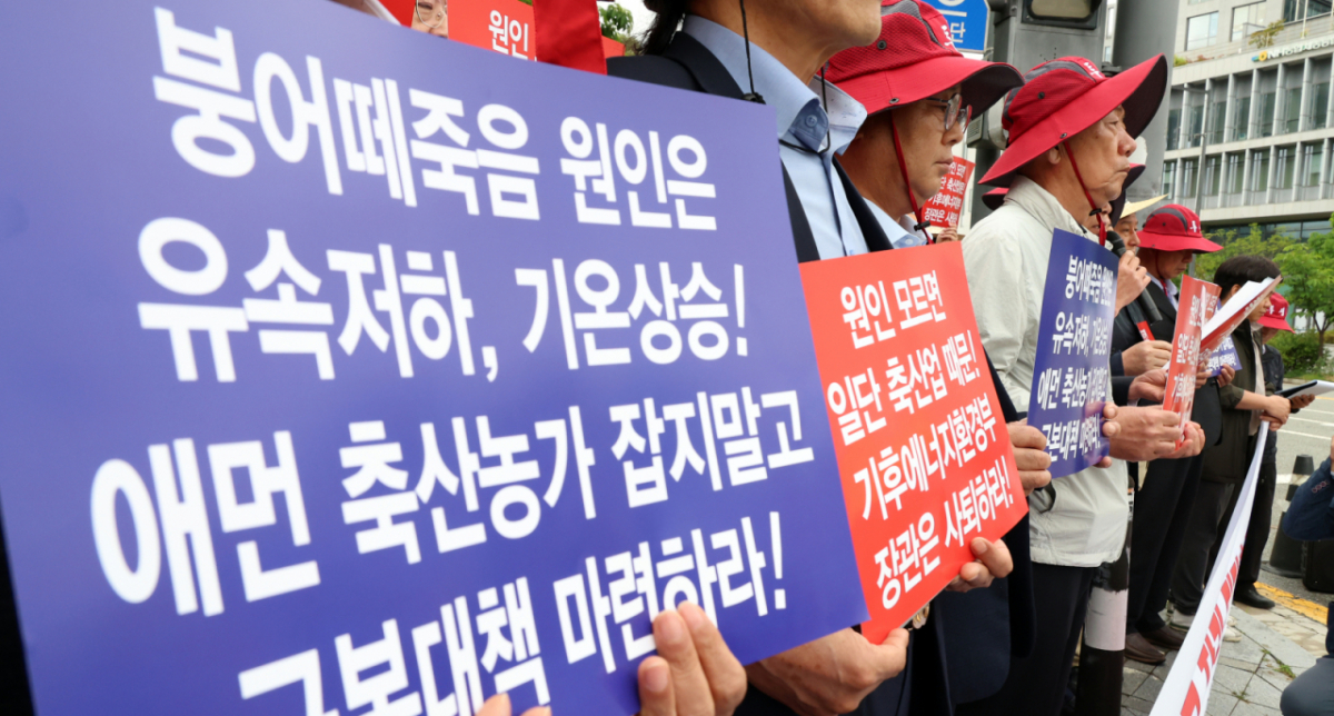 축산관련단체협의회가 21일 세종시 정부세종청사 기후에너지환경부 앞에서 기자회견을 열고, 소양호 물고기 집단 폐사 원인을 ‘소·돼지 분뇨’라고 발언한 김성환 기후부 장관의 퇴진을 촉구하고 있다. 2026.05.21. ppkjm@newsis.com /사진=뉴시스