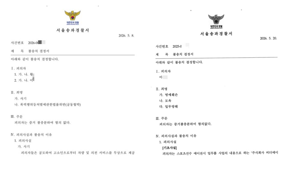 황희찬 측이 서울송파경찰서로부터 받은 불송치 결정서. /사진=황희찬 소속사 제공