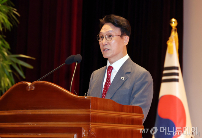 김민석 국무총리가 지난해 7월 7일 세종시 정부세종청사 대강당에서 열린 취임식에서 취임사를 하고 있다. /사진=뉴시스