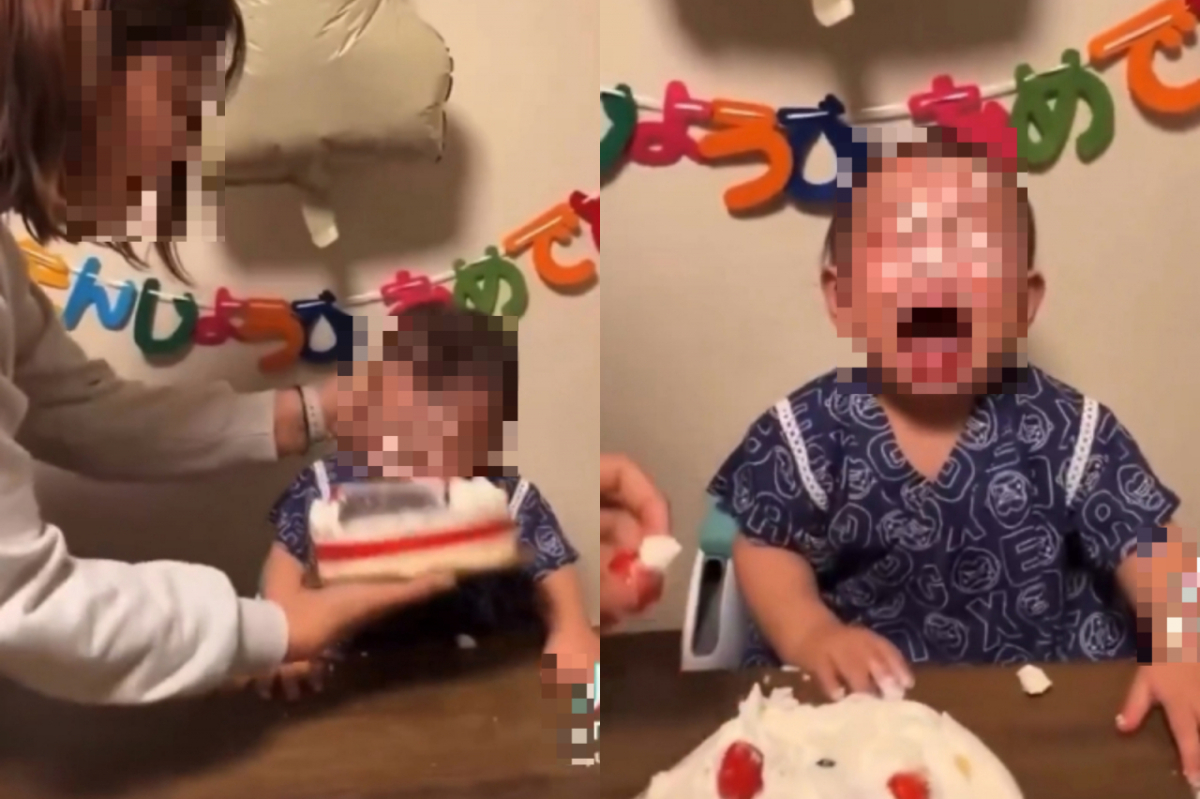 일본에서 아이의 보호자가 생일을 맞은 아이의 얼굴을 케이크에 강제로 누르는 영상이 온라인에 퍼지면서 아동학대 논란이 일고 있다. /사진=엑스(X, 구 트위터) 캡처
