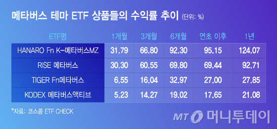 메타버스 테마 ETF 상품들의 수익률 추이/그래픽=윤선정