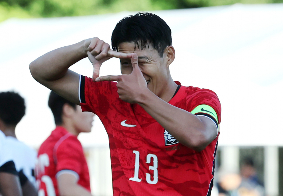 대한민국 축구대표팀 손흥민이 지난달 30일(현지시간) 미국 유타주 솔트레이크시티 브리검 영 대학교 BYU 사우스필드 경기장에서 2026 국제축구연맹(FIFA) 북중미 월드컵 앞두고 열린 대한민국과 트리니다드 토바고의 평가전에서 골을 넣고 세리머니를 하고 있다. /사진=뉴스1