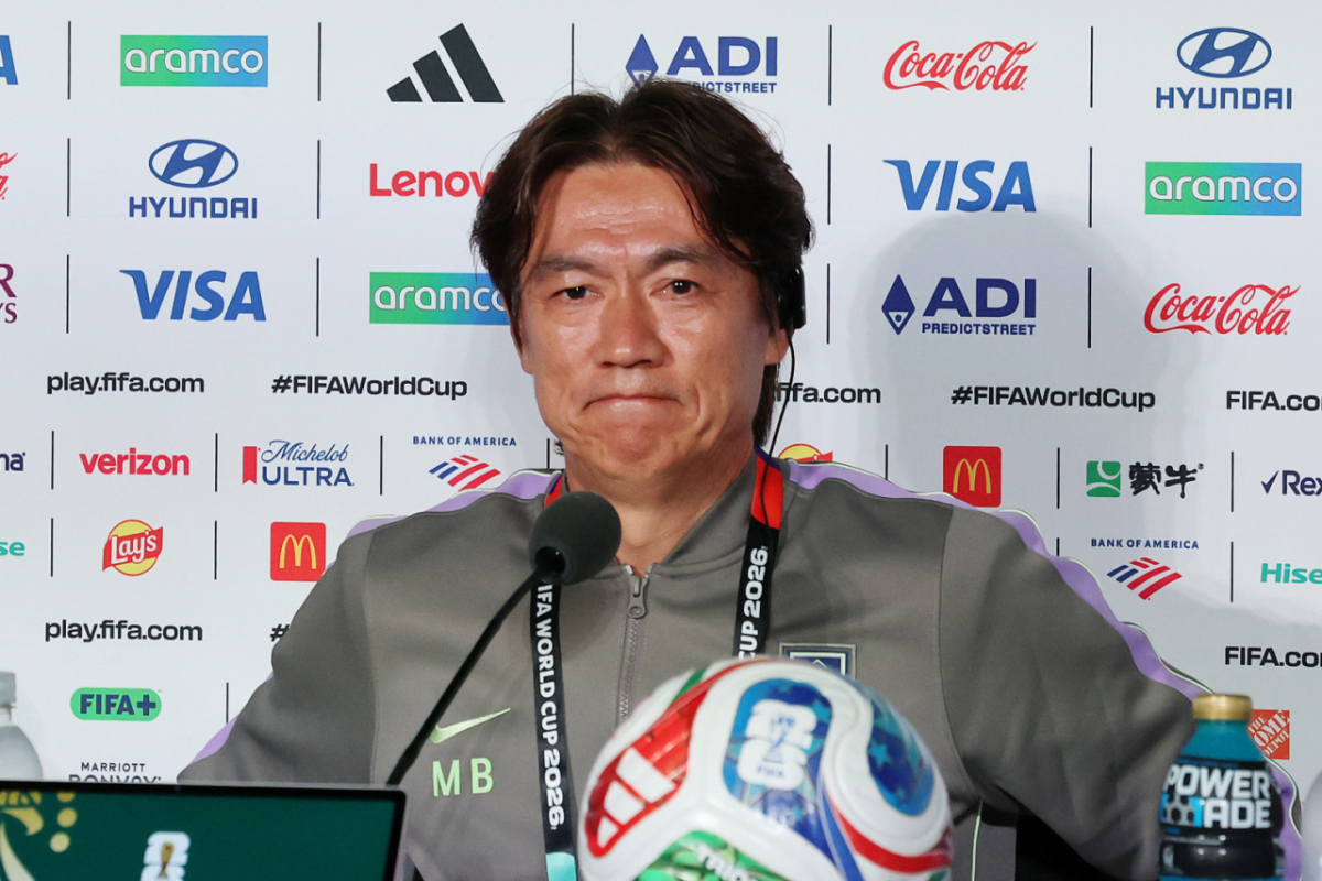 '2026 FIFA 북중미 월드컵'에서 대한민국 축구 국가대표팀을 이끄는 홍명보 감독이 10일(현지시간) 멕시코 과달라하라 스타디움에서 체코전을 앞두고 기자회견 중인 모습. /사진=뉴스1