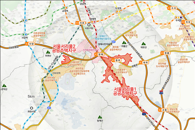 서울서리풀2 공공주택지구 위치도. 서울서리풀 1지구(1만8000가구)는 지난 2월 지구지정 고시 완료. /사진제공=국토교통부
