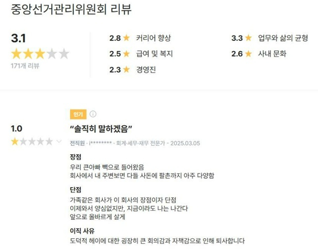 중앙선거관리위원회 퇴사자가 지난해 3월 한 취업정보 사이트에 쓴 것으로 추정되는 글. /사진=SNS 캡처 