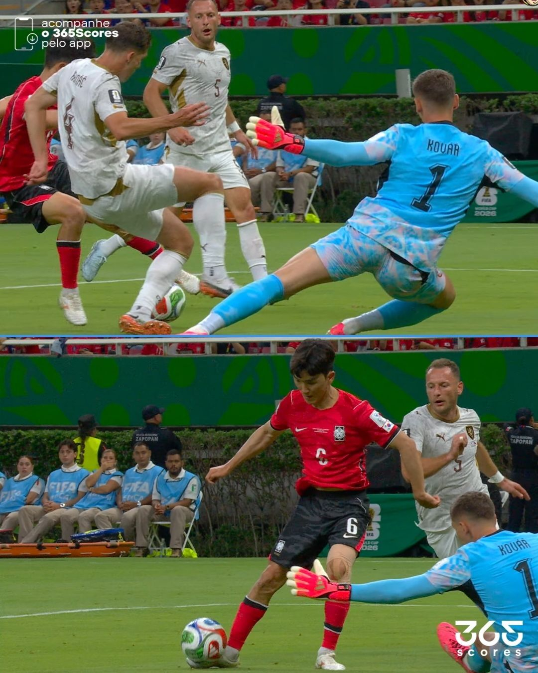 대한민국 축구 국가대표팀 미드필더 황인범이 12일 멕시코 사포판의 과달라하라 스타디움에서 열린 체코와의 2026 FIFA 북중미 월드컵 조별리그 A조 1차전에서 절묘한 페인팅 동작으로 상대 수비수와 골키퍼를 속인 뒤 슈팅을 시도하는 장면. /사진=365스코어스 SNS 캡처