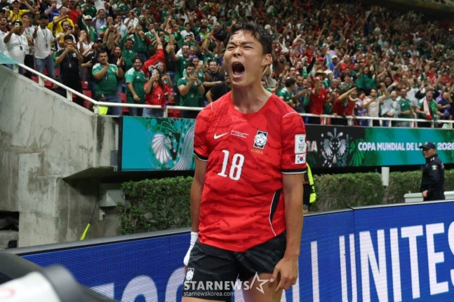 2026 북중미월드컵 A조 예선 대한민국-체코전이 12일(한국 시간) 멕시코 과달라하라 에스타디오 아크론에서 열렸다.  오현규가 역전골을 터트린 후 환호하고 있다. /사진=김진경 대기자.