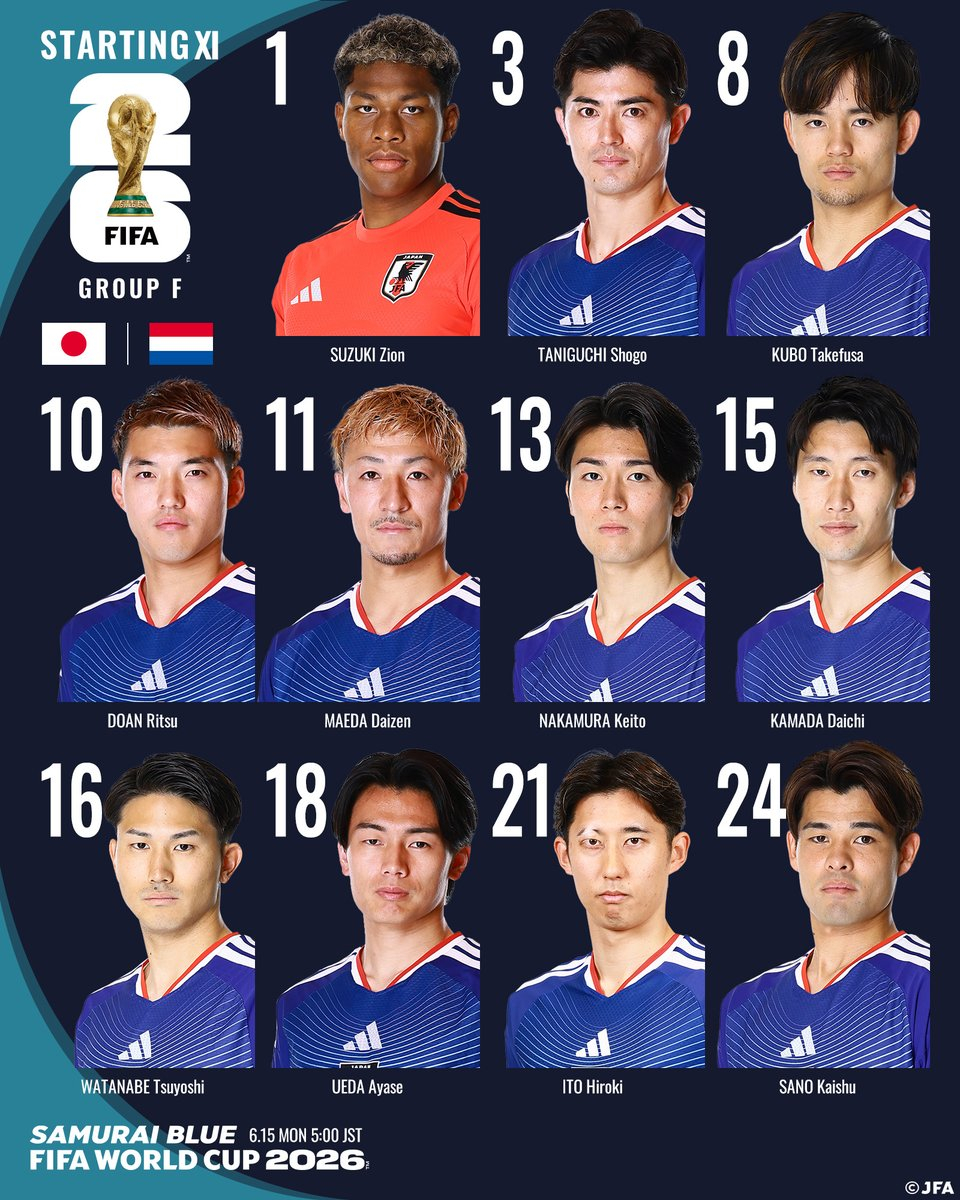 2026 FIFA 북중미 월드컵 조별리그 F조 1차전 네덜란드전 일본 대표팀 선발 라인업. /사진=일본축구협회 SNS 캡처