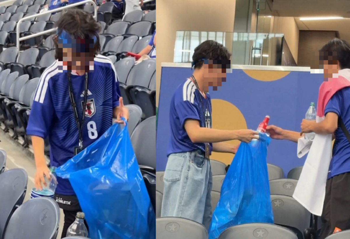 15일(한국시간) 오전 5시 2026 북중미 월드컵 F조 조별리그 1차전 네덜란드와의 경기 후 일본 관중들이 쓰레기 봉투를 들고 경기장을 치우는 모습./사진=X 갈무리