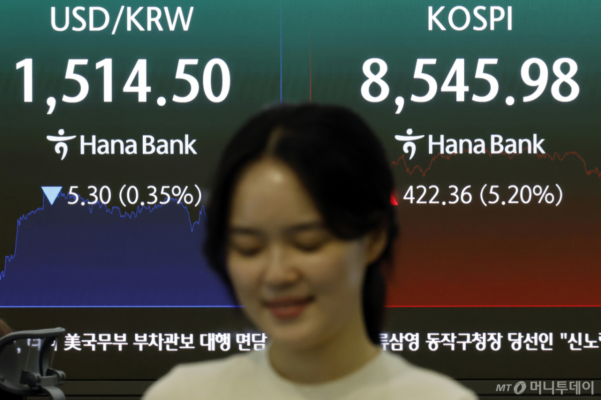 미국과 이란의 중동 전쟁 종전 양해각서(MOU) 합의 소식이 전해진 15일 서울시 중구 하나은행 딜링룸 전광판에 코스피 등 종가가 표시되고 있다. 이날 코스피는 전 거래일 대비 422.36p(5.20%) 오른 8545.98, 코스닥은 4.98포인트(p)(0.48%) 오른 1034.03, 서울외환시장에서 달러·원 환율은 전일 오후 3시 30분 주간종가 보다 8.7원 내린 1511.1원을 기록했다. /사진=뉴스1