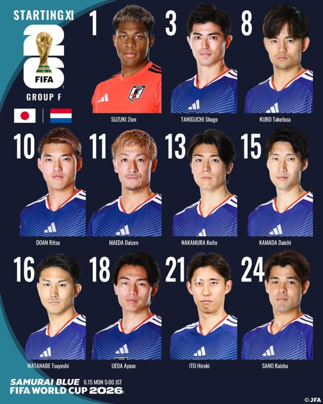 일본 축구대표팀 선발 라인업. /사진=일본축구협회 공식 SNS 갈무리