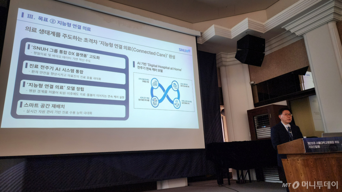백남종 신임 서울대병원장이 15일 기자간담회에서 4대 목표 중 '지능형 연결 의료'에 대해 설명하고 있다. 입원한 환자가 퇴원 이후에도 의료·돌봄 서비스를 끊김 없이 받도록 병원의 '경계'를 허물겠다는 전략이다. /사진=정심교 기자