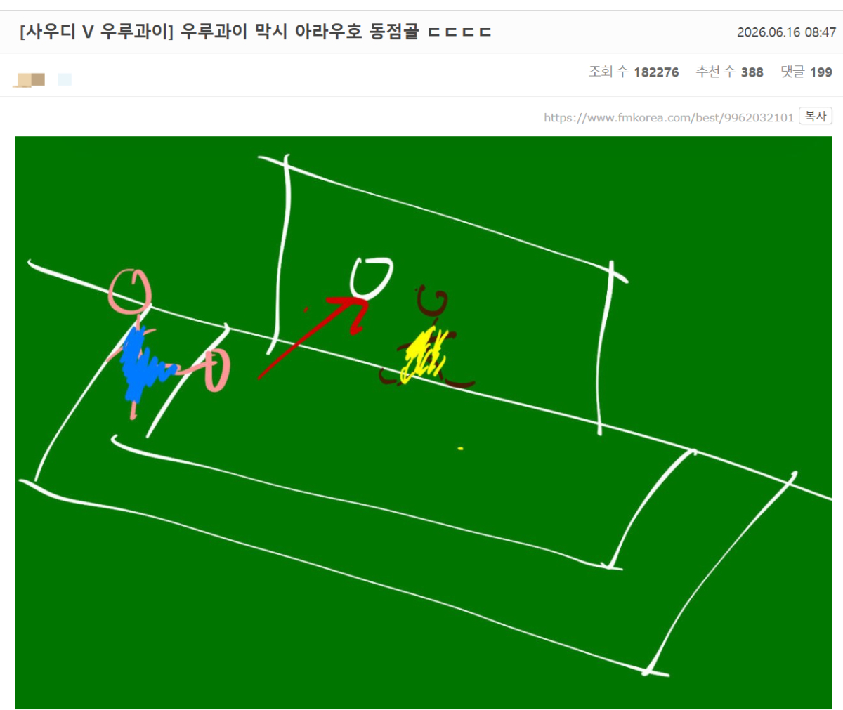 2026 북중미 월드컵 경기 '움짤'이 막히자 한 커뮤니티 이용자가 경기 득점 상황을 표현해서 올린 이미지/캡쳐=온라인 커뮤니티