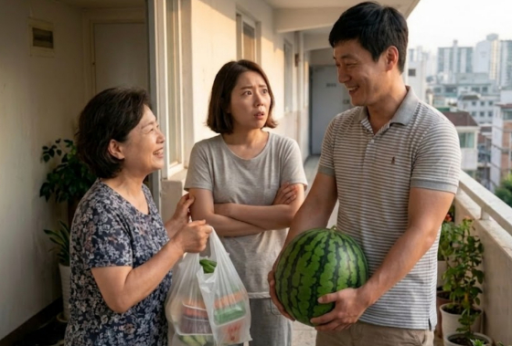 남편이 착하고 다정하지만, 과해보여 고민이 된다는 아내. 아파트 계단으로 8층을 올라야하는데, 수박을 집까지 들어달란 이웃의 지나친 부탁도 받아들이려 했다고. 해당 상황을 구글 제미나이에게 요청해 이미지로 만들었다./사진=구글제미나이 생성 이미지