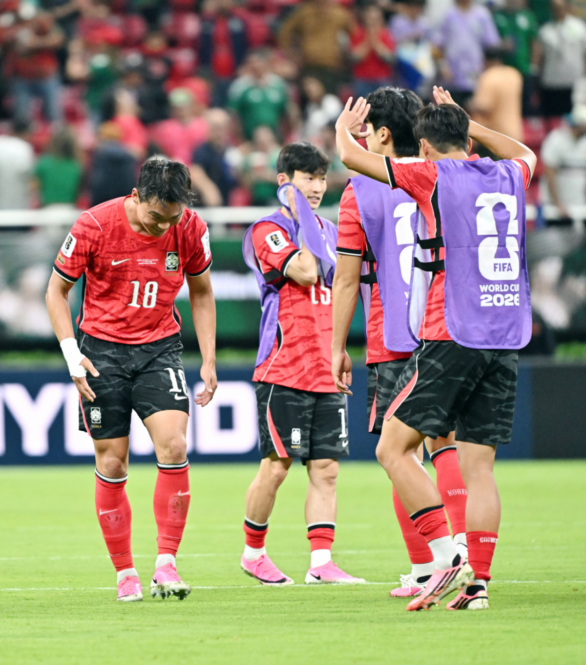2026 북중미월드컵 A조 예선 대한민국-체코전이 12일(한국 시간) 멕시코 과달라하라 에스타디오 아크론에서 열렸다. 역전골 주인공 오현규가 경기 종료 후 주장 손흥민에 인사하고 있다. /사진=김진경 대기자