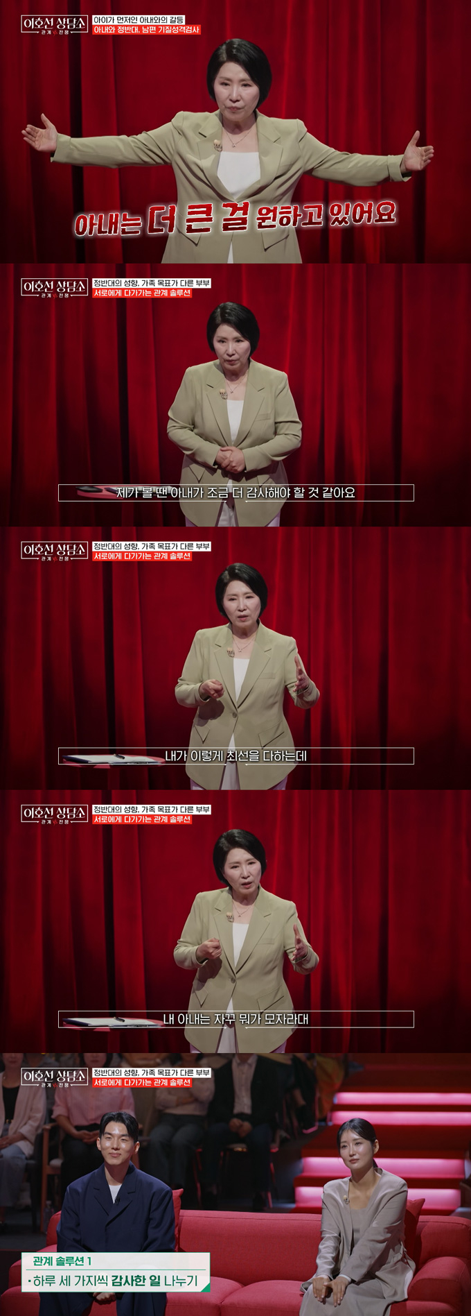 MBN '돌싱글즈3' 출연자 한정민과 레이싱 모델 유다연 부부에 대해 심리상담가 이호선이 조언을 건넸다. /사진=tvN STORY '이호선 상담소' 방송 화면