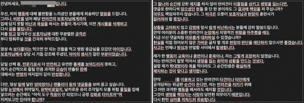 해당 애견유치원 원장이 공식 인스타그램 계정에 올린 입장문. /사진=인스타그램 캡처