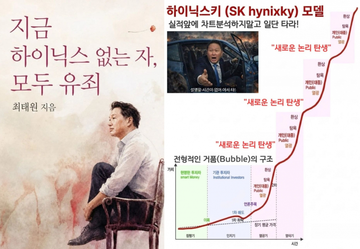 코스피가 사상 처음 9000선을 돌파해 '구천피' 시대가 열린 가운데 지수 급등을 견인한 SK하이닉스 관련 밈(Meme)이 온라인 공간에서 쏟아지고 있다./사진=온라인 커뮤니티, SNS 갈무리
