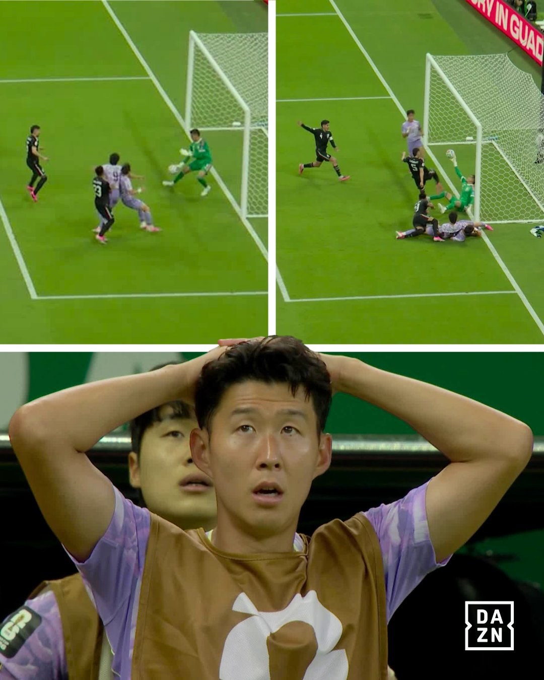 19일 한국과 멕시코의 2026 FIFA 북중미 월드컵 조별리그 A조 2차전에서 조규성과 양현준의 슈팅을 잇따라 선방하고 있는 라울 랑헬 골키퍼와 이 장면을 지켜보며 아쉬워하고 있는 손흥민의 모습. /사진=DAZN SNS 캡처