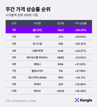 주간 가상자산 가격 상승률 순위(19일 오전 10시 기준)./사진제공=쟁글