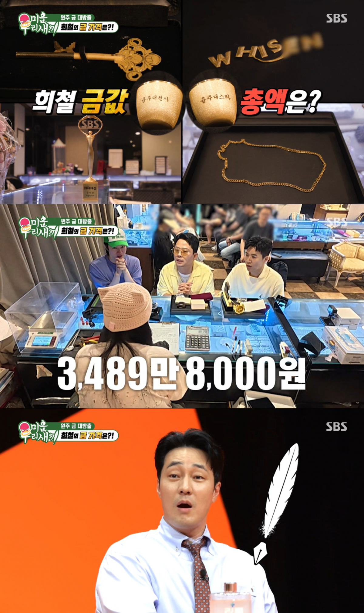총 감정가를 받고 놀란 김희철과 게스트 소지섭. /사진=SBS '미운 우리 새끼' 캡처