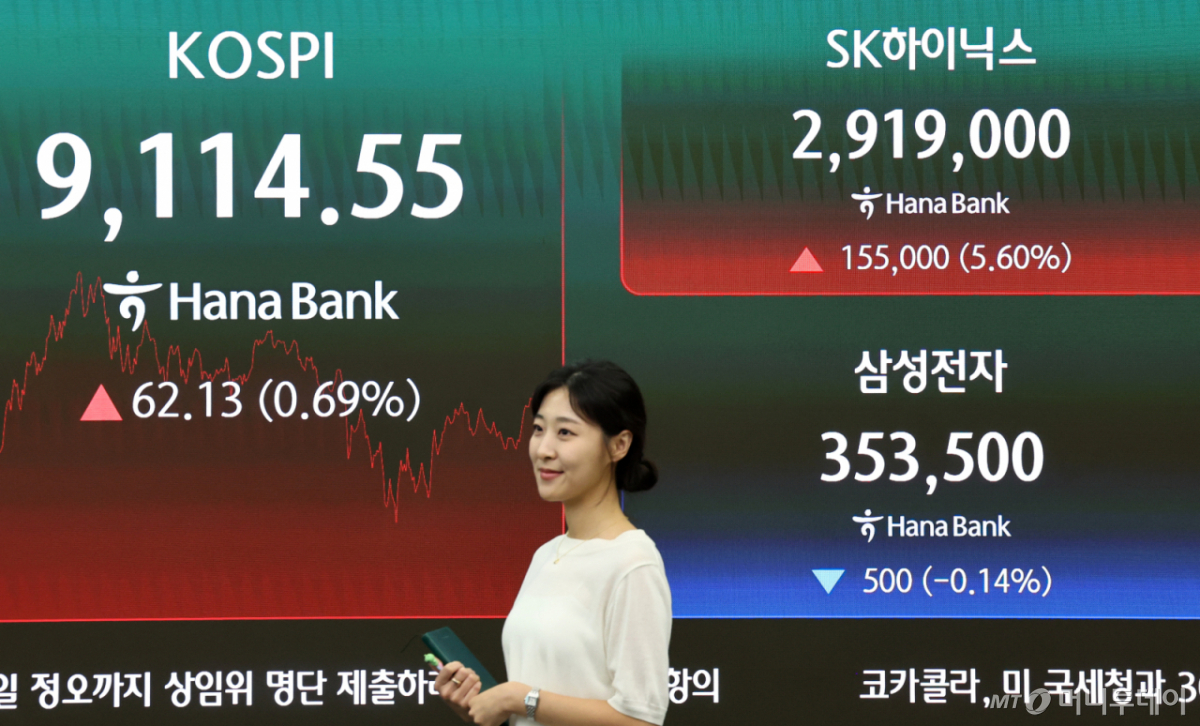 (서울=뉴스1) 최지환 기자 = SK하이닉스가 삼성전자를 제치고 코스피 시가총액 1위로 장을 마친 22일 오후 서울 중구 하나은행 딜링룸에 SK하이닉스 및 삼성전자 시세가 표시되어 있다. 이날 코스피는 전 거래일 대비 62.13포인트(0.69%) 오른 9114.55로 마감했다. SK하이닉스는 전 거래일 대비 15만5000원(5.60%) 오른 291만9000원에 정규장을 마치며 삼성전자를 제치고 보통주 기준 코스피 시총 1위로 장을 마쳤다. 2026.6.22/뉴스1 Copyright © 뉴스1. All rights reserved. 무단 전재 및 재배포, AI학습 이용 금지. /사진=(서울=뉴스1) 최지환 기자