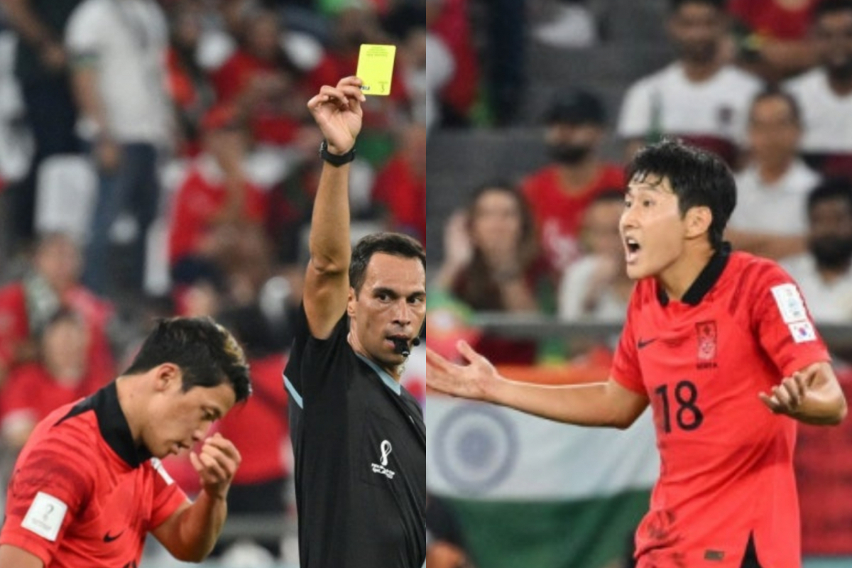 대한민국 축구 대표팀의 2026 국제축구연맹(FIFA) 북중미 월드컵 32강 진출 여부가 걸린 남아프리카공화국(남아공)전 주심으로 아르헨티나 출신 파쿤도 테요 심판이 배정됐다. 경고를 자주 꺼내는 성향으로 알려진 만큼 대표팀 선수들의 주의가 필요하다. 사진은 2022 FIFA 카타르 월드컵 당시 황희찬과 이강인에게 경고를 줬던 파쿤도 테요 심판. 파쿤도 테요 심판에게 카드를 받은 (왼쪽부터)황희찬과 이강인. /사진=뉴스1