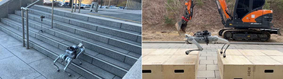 한연희 컴퓨터공학부 교수팀이 개발한 사족보행 로봇 파쿠르 기술 실험 모습./사진제공=한기대
