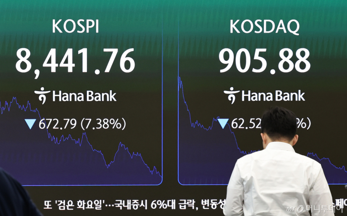 23일 서울 중구 하나은행 본점 딜링룸 전광판에 코스피 등 시황이 나오고 있다. 이날 코스피와 코스닥은 반도체 쏠림 현상에 외국인의 차익실현 매도세가 더해지면서 프로그램매도호가 일시효력정지(사이드카)가 발동됐다. /사진=뉴스1 /사진=(서울=뉴스1) 구윤성 기자