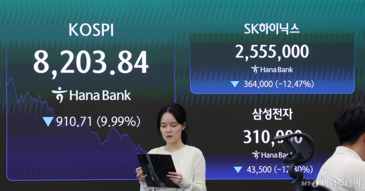 코스피가 10% 급락하며 8200선에서 마감한 23일 서울 중구 하나은행 딜링룸에서 딜러들이 업무를 보고 있다. 코스피는 전 거래일(9114.55)보다 910.71포인트(9.99%) 하락한 8203.84에, 코스닥 지수는 전 거래일(968.40)보다 76.88포인트(7.94%) 내린 891.52에 거래를 마쳤다. /사진=뉴시스 /사진=김진아