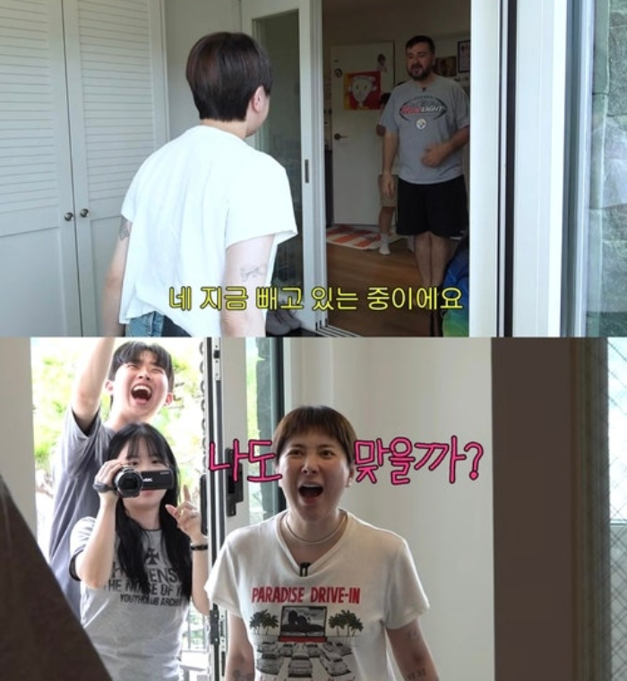 서인영은 영상에서 샘의 두 아들 윌리엄과 벤틀리를 보러 샘 집을 찾았다. 샘은 직접 현관으로 마중 나왔는데, 서인영은 달라진 샘의 외모를 보고 "살이 많이 빠졌다", "육아 때문에 빠진 것 아니냐"고 놀라워했다. 샘은 비결을 묻는 말에 "지금 빼고 있다"며 "육아 때문에 빠진 건 아니고 주사 맞고 있다"고 털어놨다. /사진=서인영 유튜브 채널