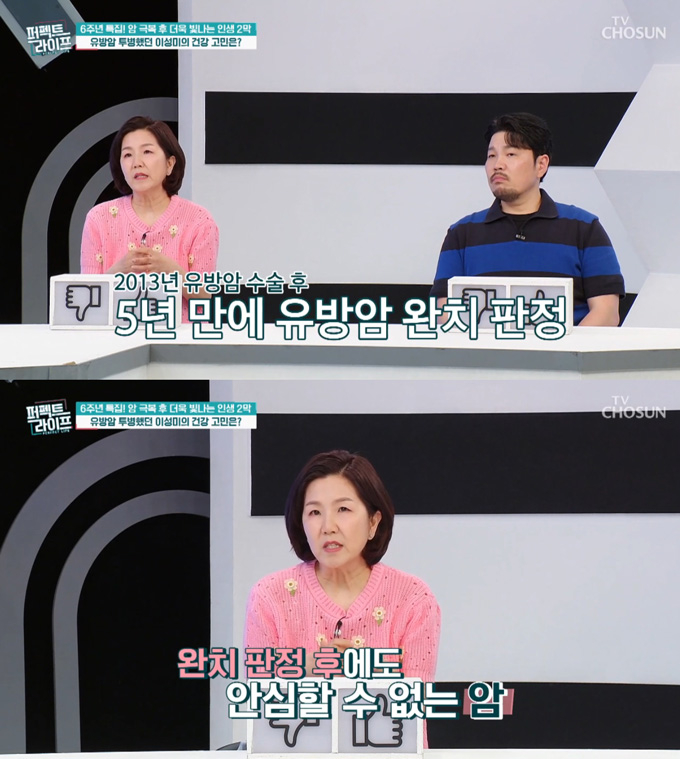 유방암으로 투병했던 개그우먼 이성미가 지인들의 암 투병 소식에 마음이 무너져내렸다고 고백했다. /사진=TV조선 '퍼펙트라이프' 방송 화면