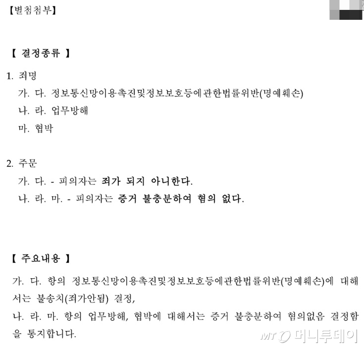 머니투데이가 입수한 수사결과 통지서에 따르면 경찰은 사건을 접수한 지 6개월 만인 올해 2월19일 A씨를 불송치 결정했다. 명예훼손은 '죄가 안됨', 업무방해와 협박에 대해서는 증거 불충분을 이유로 혐의없음 처분을 내렸다. '죄가 안됨'은 피의사실이 범죄구성요건에 해당하나 정당방위, 정당행위 등 위법성 조각 사유가 있을 경우 내려지는 불기소 처분 중 하나다. /사진=A씨 측 제공