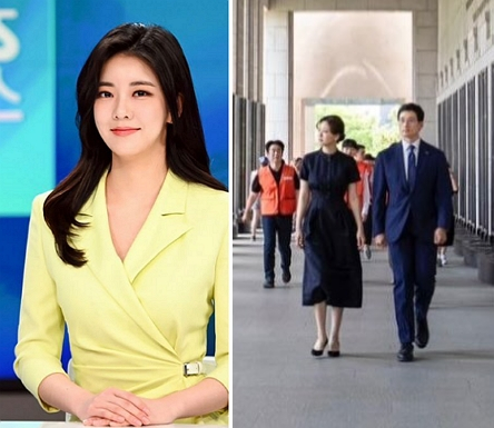 SBS 아나운서 시절 김민형 모습. 오른쪽은 남편인 김대헌 호반그룹 기업총괄사장과 2023년 봉사활동에 참여한 모습. /사진=김민형 인스타그램
