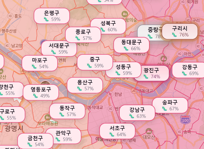 이번주 러브버그 출몰지도에는 서울시내 곳곳에서 러브버그가 발견됐다는 제보가 쏟아졌다./사진=러브버그 닷컴 캡처.