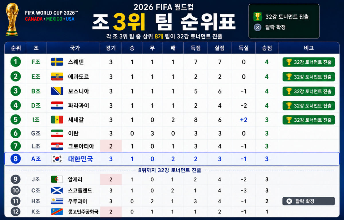 2026 FIFA 북중미 월드컵 조 3위 팀 중간 순위표. /사진=AI 제작 이미지