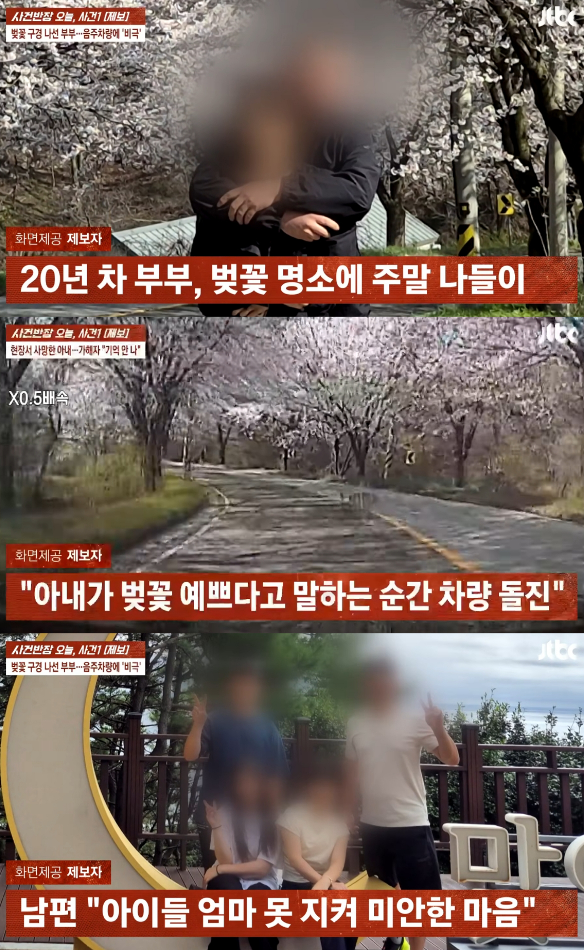 남편과 벚꽃을 구경하던 40대 여성이 음주운전 차량에 치여 숨지는 사고가 발생했다. 유족은 "가해자를 절대 용서할 수 없다"며 엄벌을 호소했다. /사진=JTBC '사건반장' 캡처