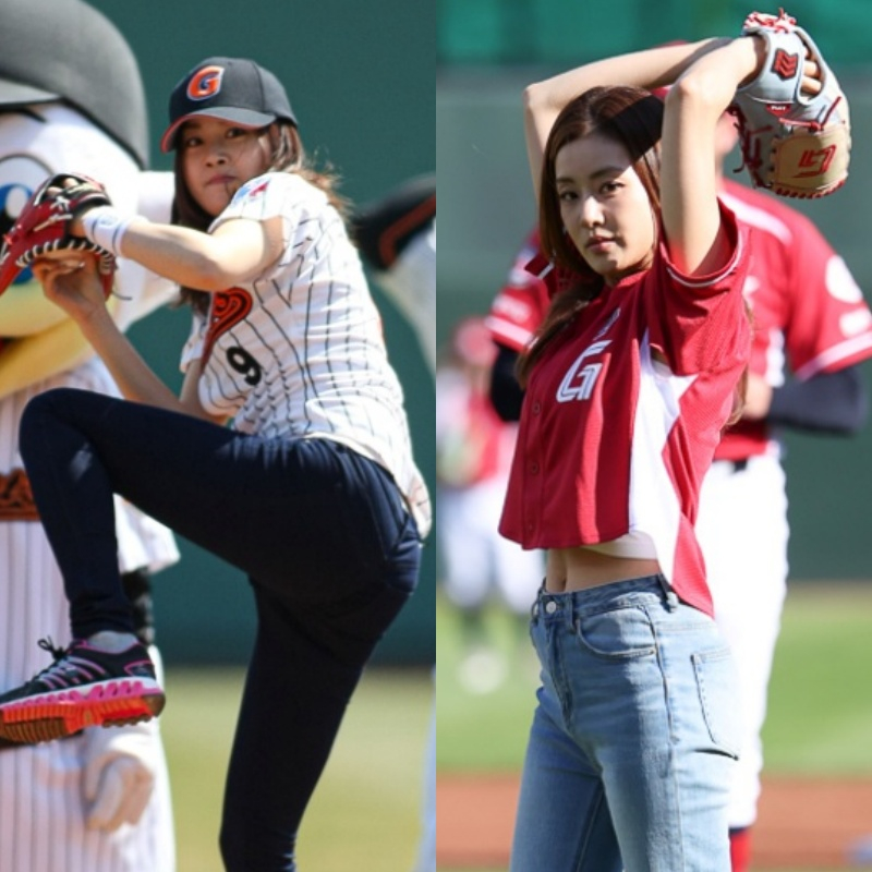 배우 강소라의 2012년 부산 한화전 시구(왼쪽)와 2016년 부산 LG전 시구 모습. /사진=롯데 자이언츠 제공