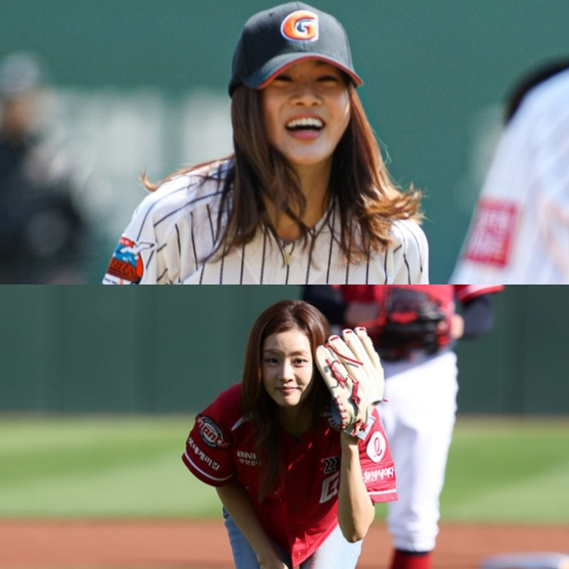 배우 강소라의 2012년 부산 한화전 시구(위쪽)와 2016년 부산 LG전 시구 모습. /사진=롯데 자이언츠 제공