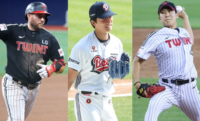 LG 트윈스 오스틴 딘(왼쪽부터), 두산 베어스 최민석, LG 손주영이 6월 KBO 월간 MVP 후보에 이름을 올렸다. /사진=스타뉴스