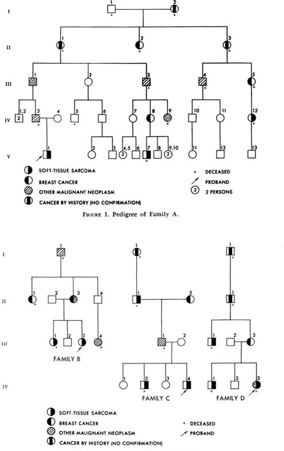  Li와 Fraumeni가 1969년 보고한 familial cancer syndrome 가계도. 이 관찰은 훗날 리-프라우메니 증후군 연구의 출발점이 됐다. /자료=Li FP, Fraumeni JF Jr. Ann Intern Med. 1969;71(4):747–752.