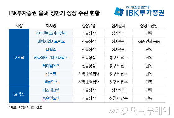 IBK투자증권 올해 상반기 상장 주관 현황/그래픽=윤선정