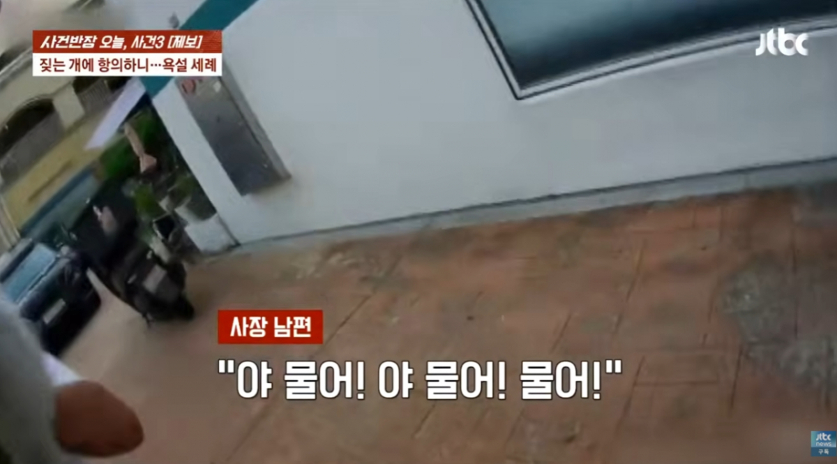A씨가 공개한 바디캠 영상을 보면 가게 문이 열리자 갑자기 개가 달려들어 공격적으로 짖었다. A씨는 사장에게 "강아지 목줄 안 하고 뭐하는 거냐"고 따졌지만, 사장은 "여기는 실내지 않냐. 밖도 아니고 목줄을 왜 하냐", "강아지 심리를 아냐. 반가워 달려간 거지, 위협을 가한 게 아니"라며 A씨를 내쫓았다. 사장 남편도 가세했다. 그는 A씨를 쫓아 나와 "뭔 위협을 가하냐. 안 물어 개XX야", "여기가 밖이냐. 처맞으려고. 그냥 가라", "여기 맨날 손님 100명 넘게 오는데 문 적이 없다"고 말했다. 그는 또 A씨 얼굴에 개를 들이밀며 "물어"라고 위협했다. /사진=JTBC '사건반장'