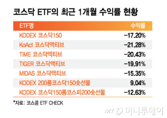 코스닥 ETF의 최근 1개월 수익률 현황/그래픽=김지영