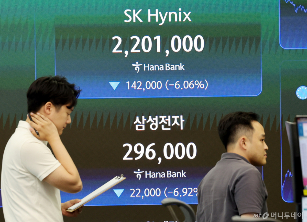 7일 오후 서울 중구 하나은행 본점 딜링룸 전광판에 삼성전자와 SK하이닉스의 종가가 표시되고 있다. 최대실적을 발표한 삼성전자는 전날보다 6.92% 하락한 29만6000원에 마감했다. /사진=뉴시스