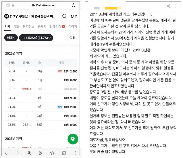 동탄신도시에서 국민 평형(전용 84㎡) 아파트 중 처음으로 실거래가가 20억원을 돌파했던 매매 계약이 취소됐다. 오른쪽은 해당 계약 최초 매수인이 '호갱노노'에 쓴 글. /사진=네이버부동산, 호갱노노 캡처