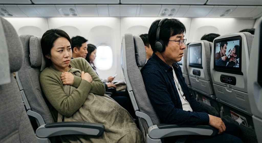 기내 다른 승객이 보는 폭력적이고 선정적인 콘텐츠에 노출돼 불쾌해하는 이미지. 기사 내용과 직접적인 관련 없음./사진=구글 제미나이(AI) 생성